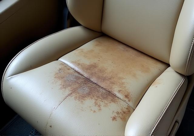 A dirty, stained beige leather seat inside a Toyota Alphard.