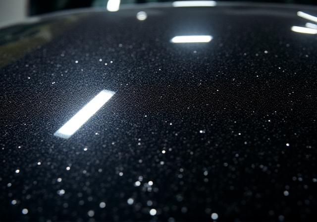 A black Mercedes-Benz S-Class hood covered in swirl marks under a bright light.