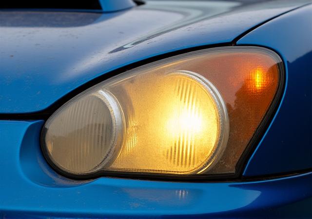 A cloudy, yellowed headlight on a Subaru WRX.