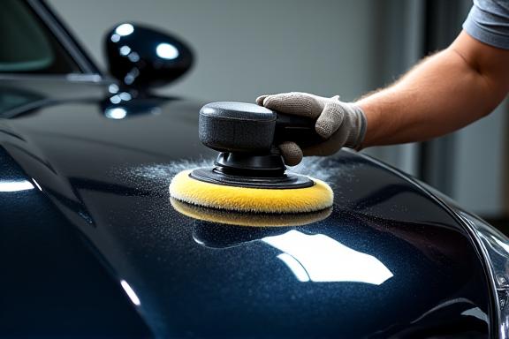 A detailer carefully machine-polishing the hood of a dark car.