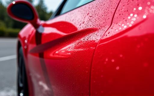 Side profile of a clean, red sports car with water beading on its surface.
