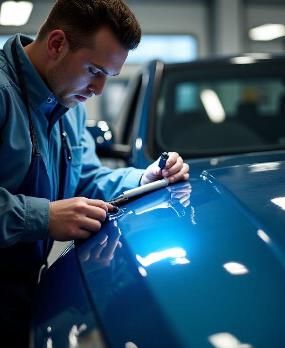 A professional detailer carefully inspecting a car's paintwork under a bright inspection light.